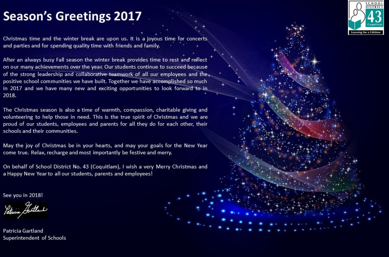 Superintendent of Schools Season's Greetings 2017